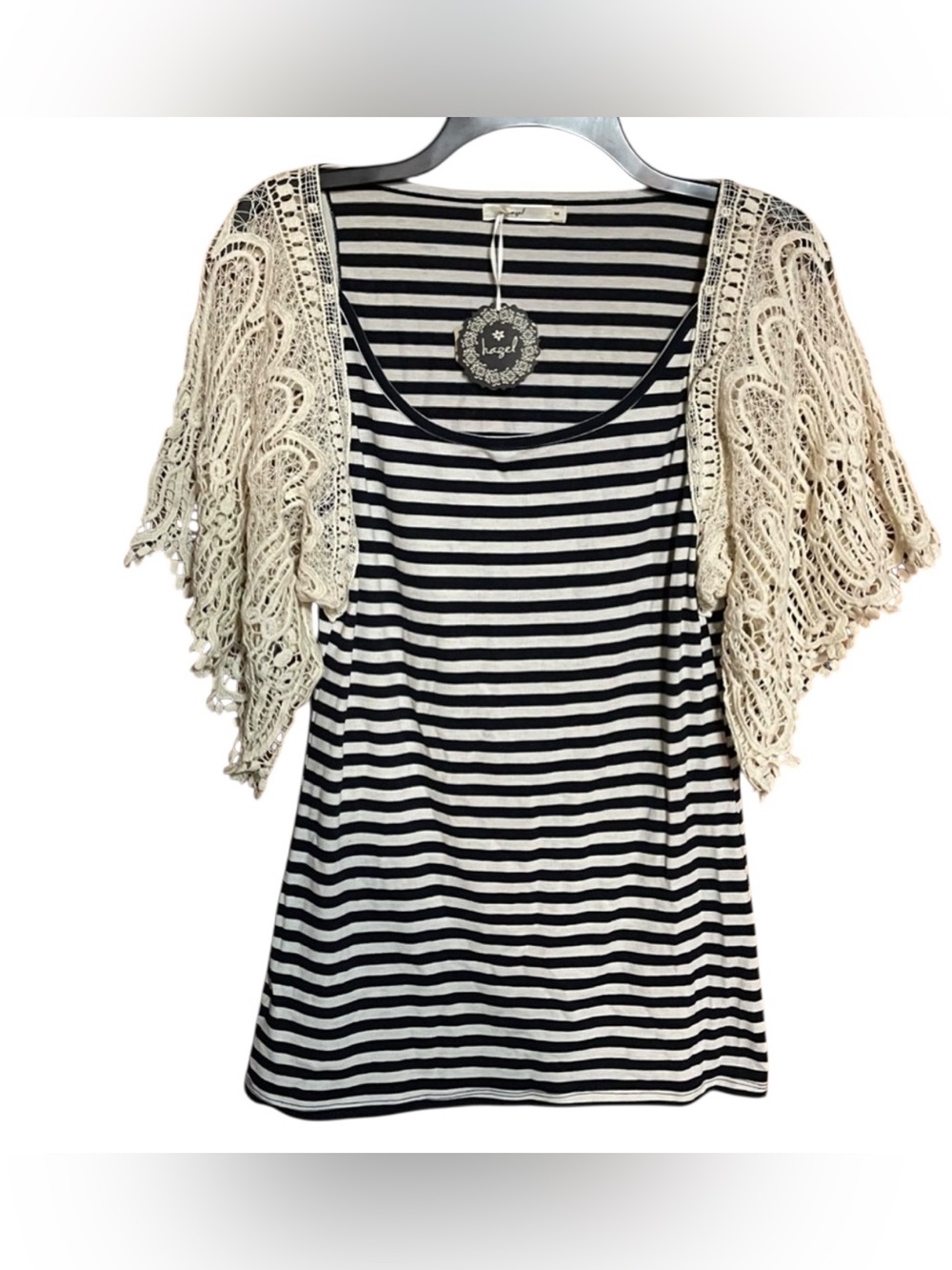 Hazel Lace Sleeve Stripe Tunic Sz M NWT Navy Blue & White